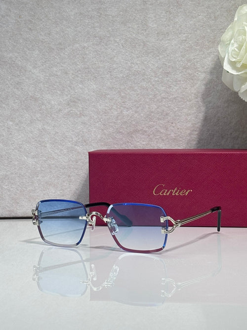 Cartier acetate eyeglasses with blue frame, burgundy arms, and gold-tone details