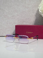 Cartier glasses with gold metal frame, light purple tinted lenses, and thin black temple arms