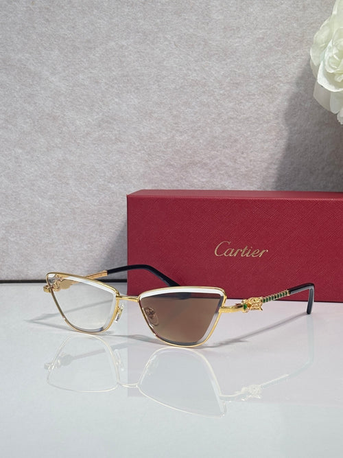 Cartier glasses with black frame and gold-tone temples, tinted lenses, reflective finish