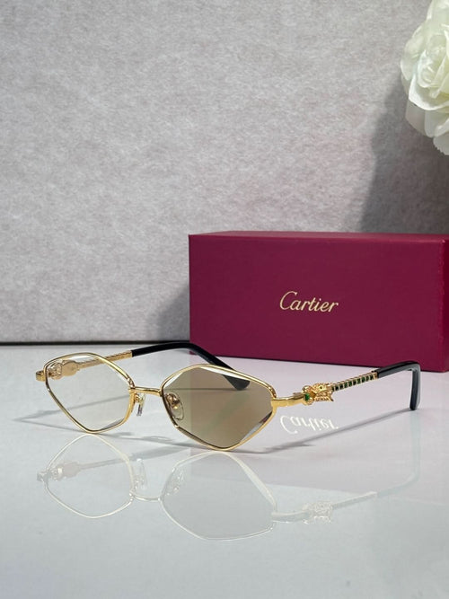 Cartier glasses with gold-tone frame, gray lenses, and blue temple detail.