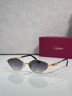 Cartier glasses with gold-tone frame, dark lenses, and blue temple detail.