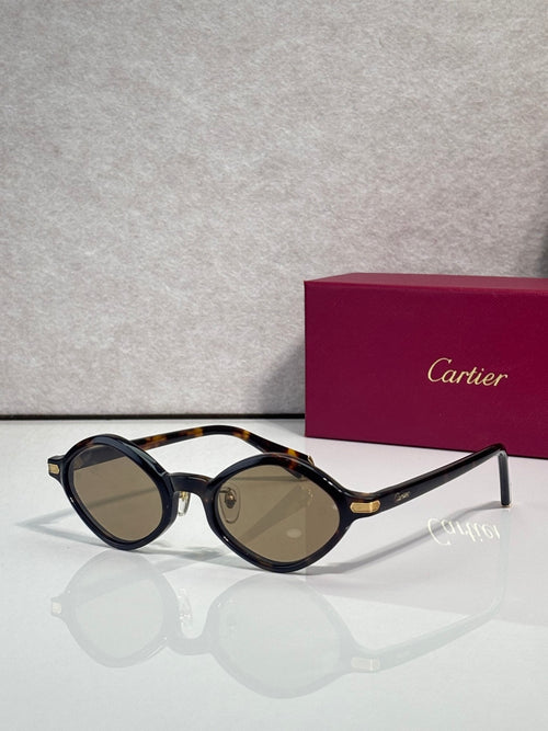 Cartier round sunglasses, dark tortoiseshell frames, tinted lenses, gold detail on temples