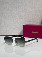 Cartier sunglasses with dark gray-green lenses, black frame and gold accents