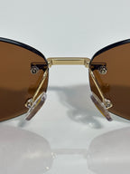 Cartier eyeglasses close-up of gold hinges and clear temple arms, round lenses