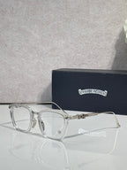 Chrome eyeglasses with rectangular clear lenses and silver-toned frames