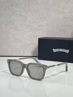 Glasses with gray frame, light gray lenses, silver-tone metal arms