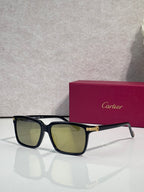 Black square sunglasses with green-tinted lenses and gold-tone bar at the bridge
