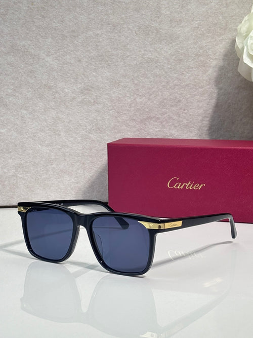 Sunglasses with dark frames, blue-tinted lenses, and gold logo plaque at hinge