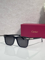 Sunglasses with dark frames and mirrored dark lenses, gold accent at temple