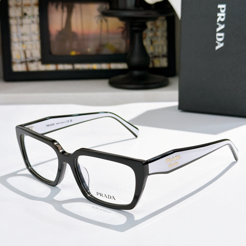 Prada eyeglasses with black full-rim frame and clear lenses, angled side view