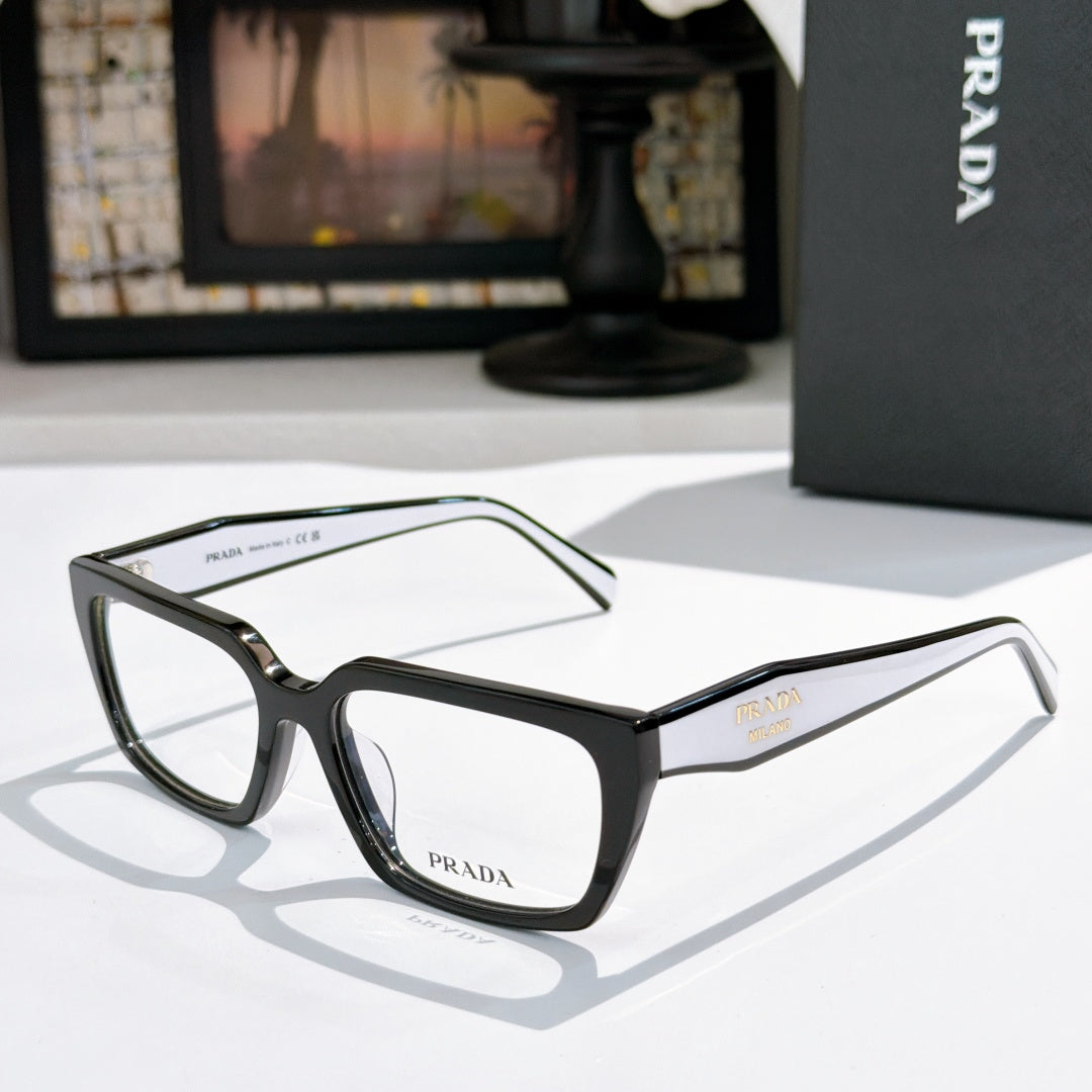 Prada eyeglasses with black full-rim frame and clear lenses, angled side view