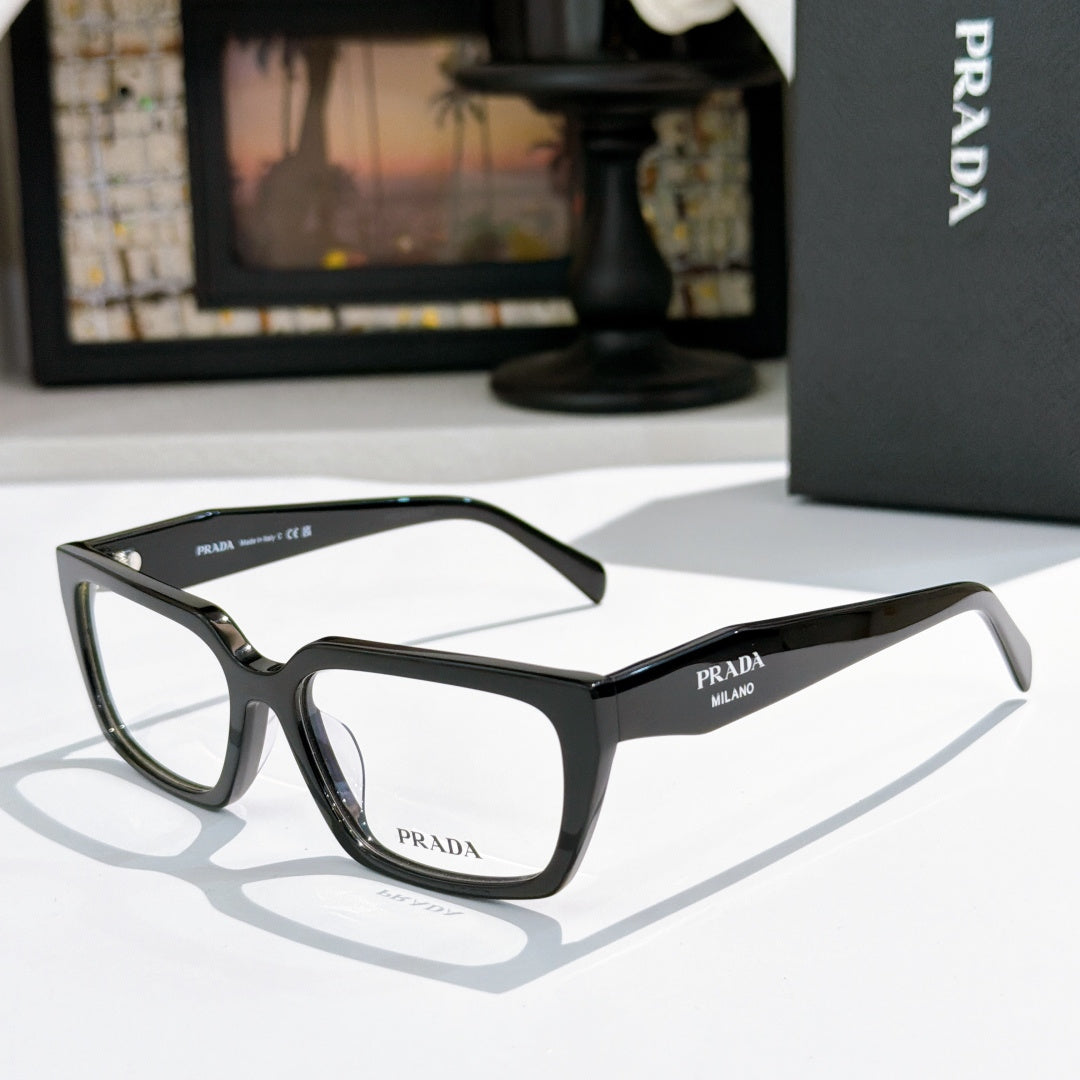 Prada eyeglasses with black full-rim frame and clear lenses, angled front view