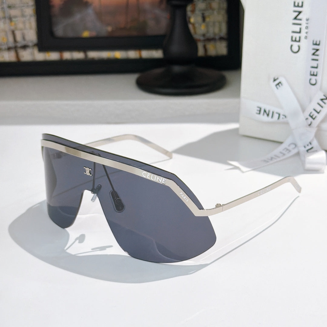 Celine shield sunglasses with silver frame and dark navy mirrored lenses