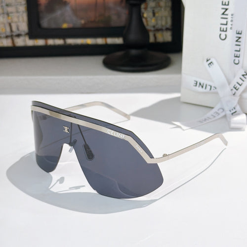 Celine shield sunglasses with silver frame and dark navy mirrored lenses