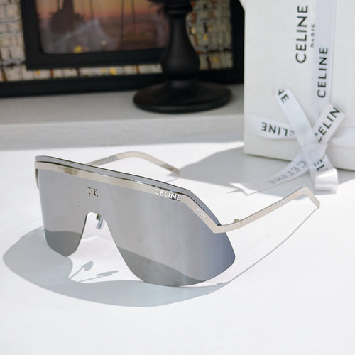 Celine shield sunglasses with silver frame and mirrored blue lenses
