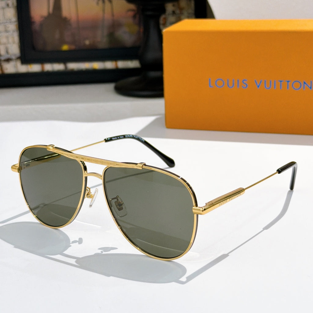 Louis Vuitton sunglasses with gold frame and dark green gradient lenses