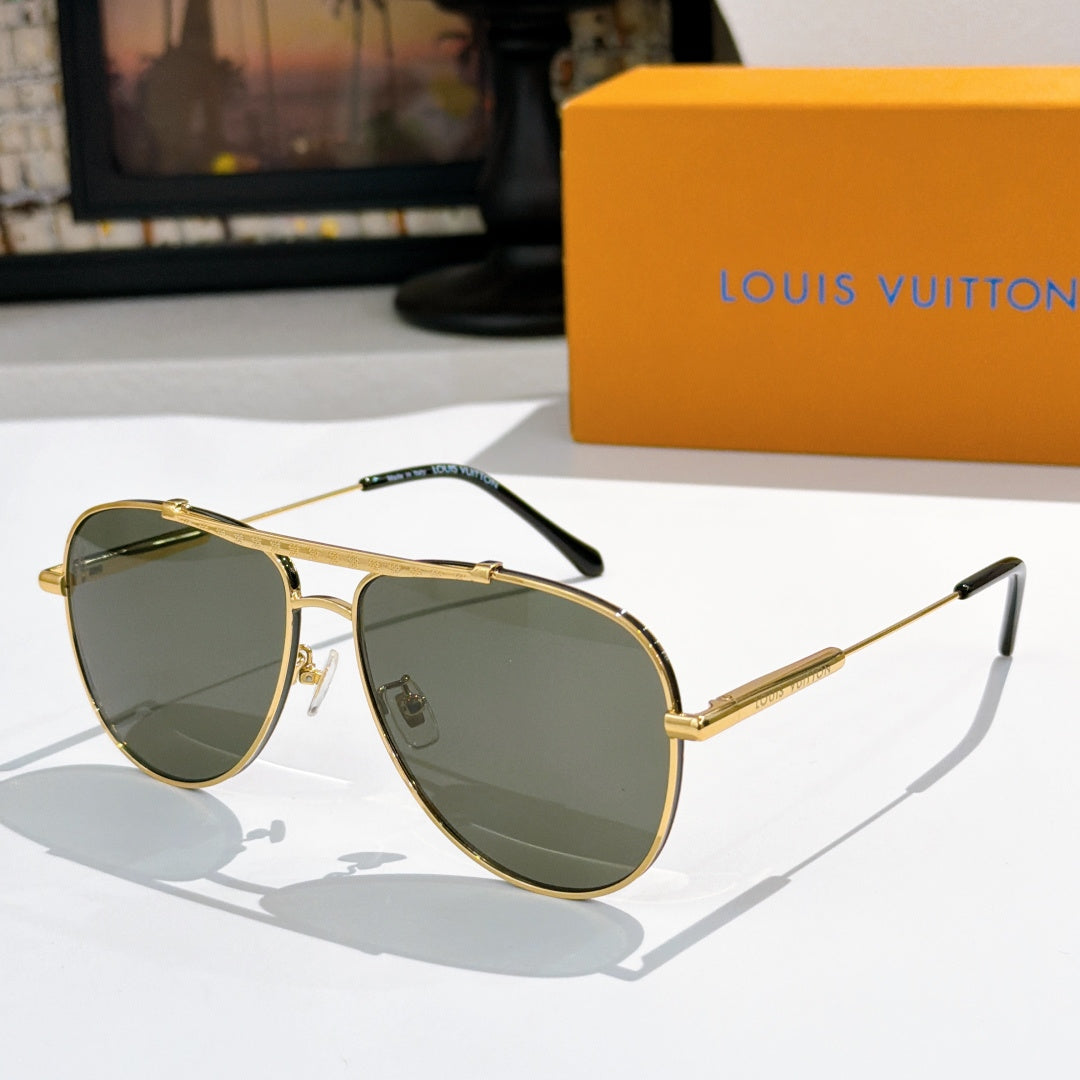 Louis Vuitton sunglasses with gold frame and dark green gradient lenses