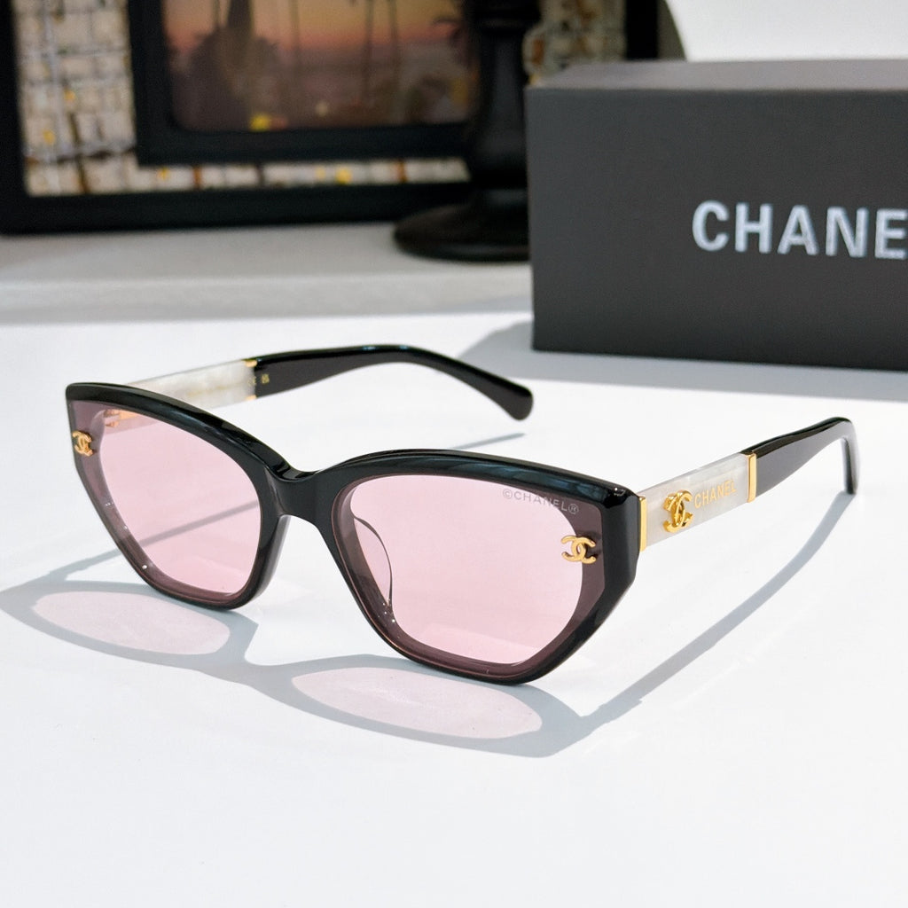 Chanel cat-eye sunglasses, black frame, pink tinted lenses
