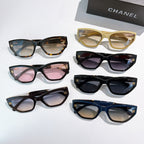 Chanel sunglasses assortment, multiple cat-eye frames in black, blue, and pink