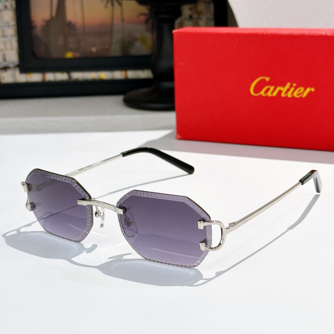 Cartier sunglasses with gold frame and purple tinted lenses, black temple tips