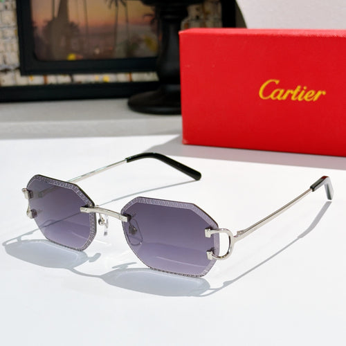 Cartier sunglasses with gold frame and purple tinted lenses, black temple tips