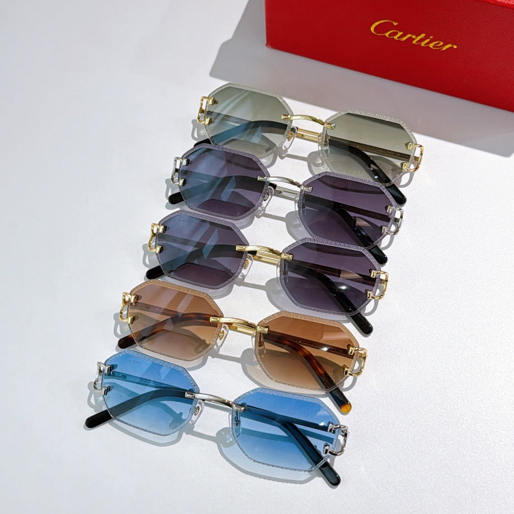 Assorted Cartier sunglasses with tinted lenses and gold frames in blue, brown, and purple