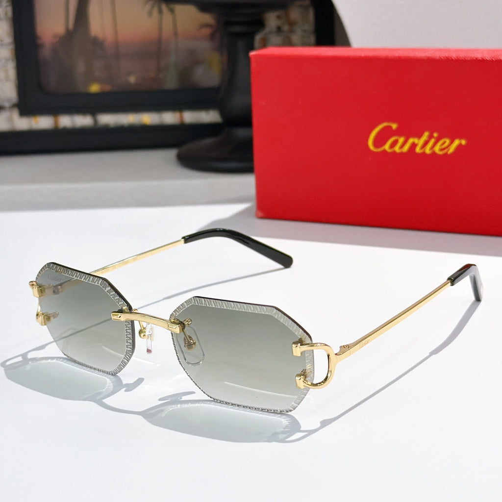 Cartier sunglasses with gold frame and gray tinted lenses, black temple tips