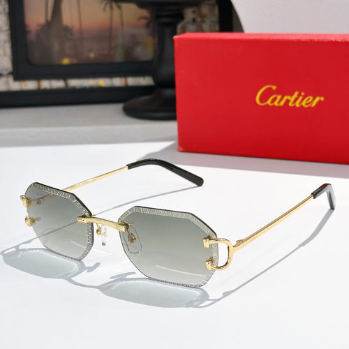 Cartier sunglasses with gold frame and gray tinted lenses, black temple tips