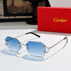 Cartier sunglasses with silver frame and blue tinted lenses, black temple tips