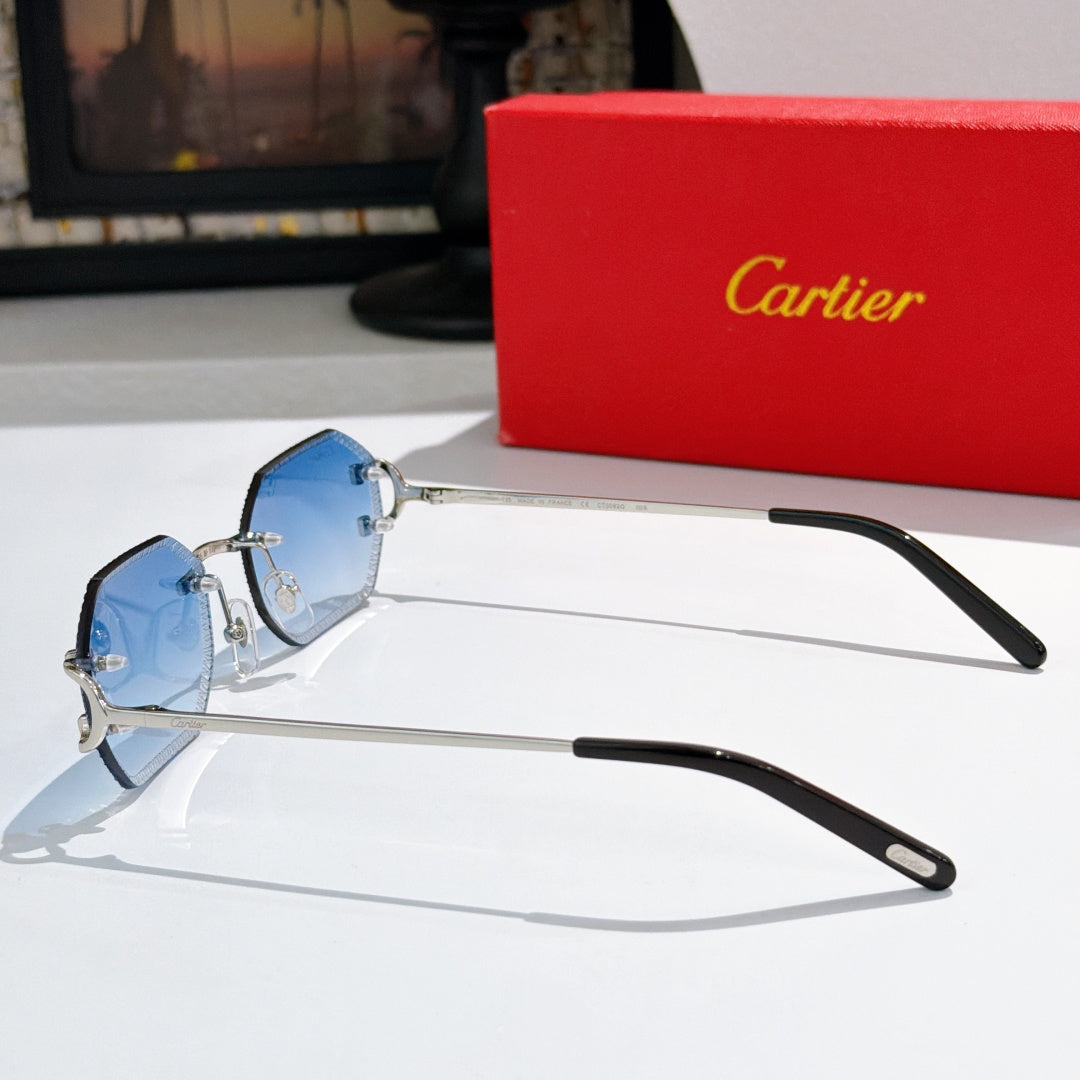 Cartier sunglasses side view with blue tinted lenses and black temple arms