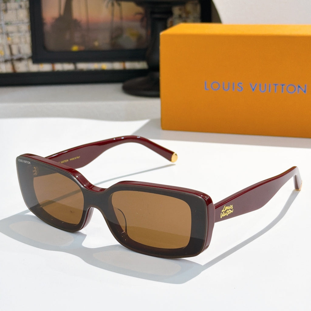 Louis Vuitton sunglasses with burgundy and dark brown frames, square lenses.