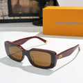 Louis Vuitton sunglasses with burgundy and dark brown frames, square lenses.