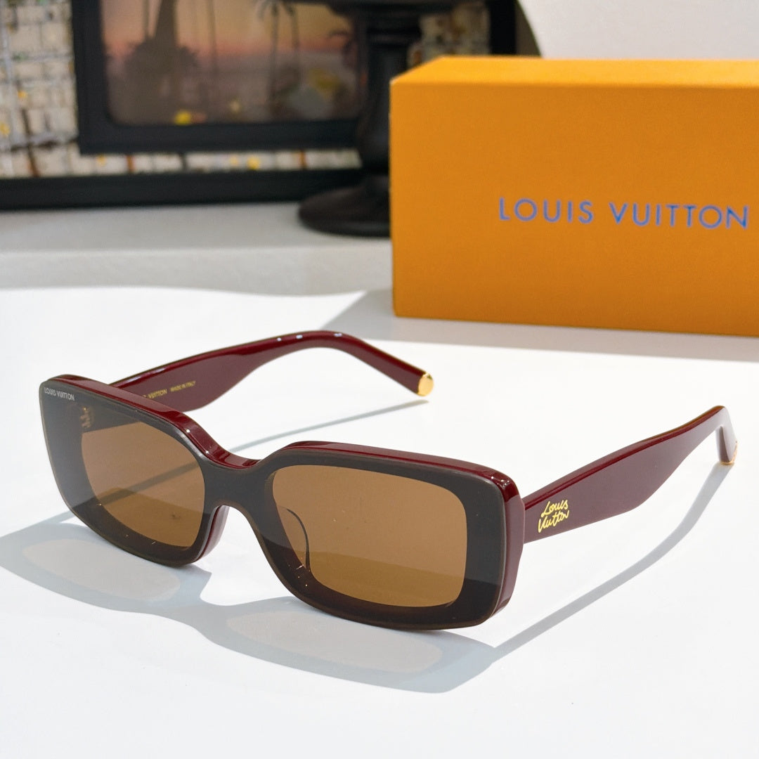Louis Vuitton sunglasses with burgundy and dark brown frames, square lenses.