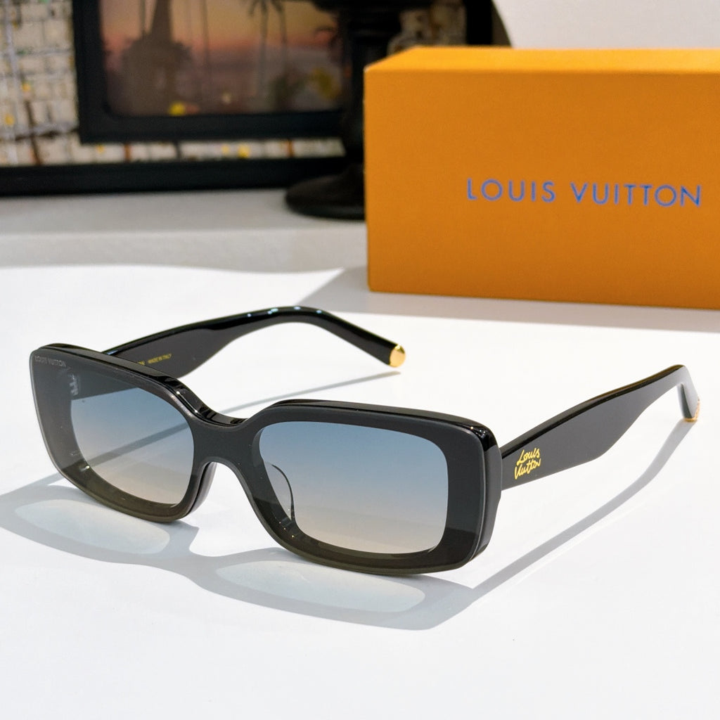 Louis Vuitton sunglasses with black frames, light blue lenses, gold-tone tips.