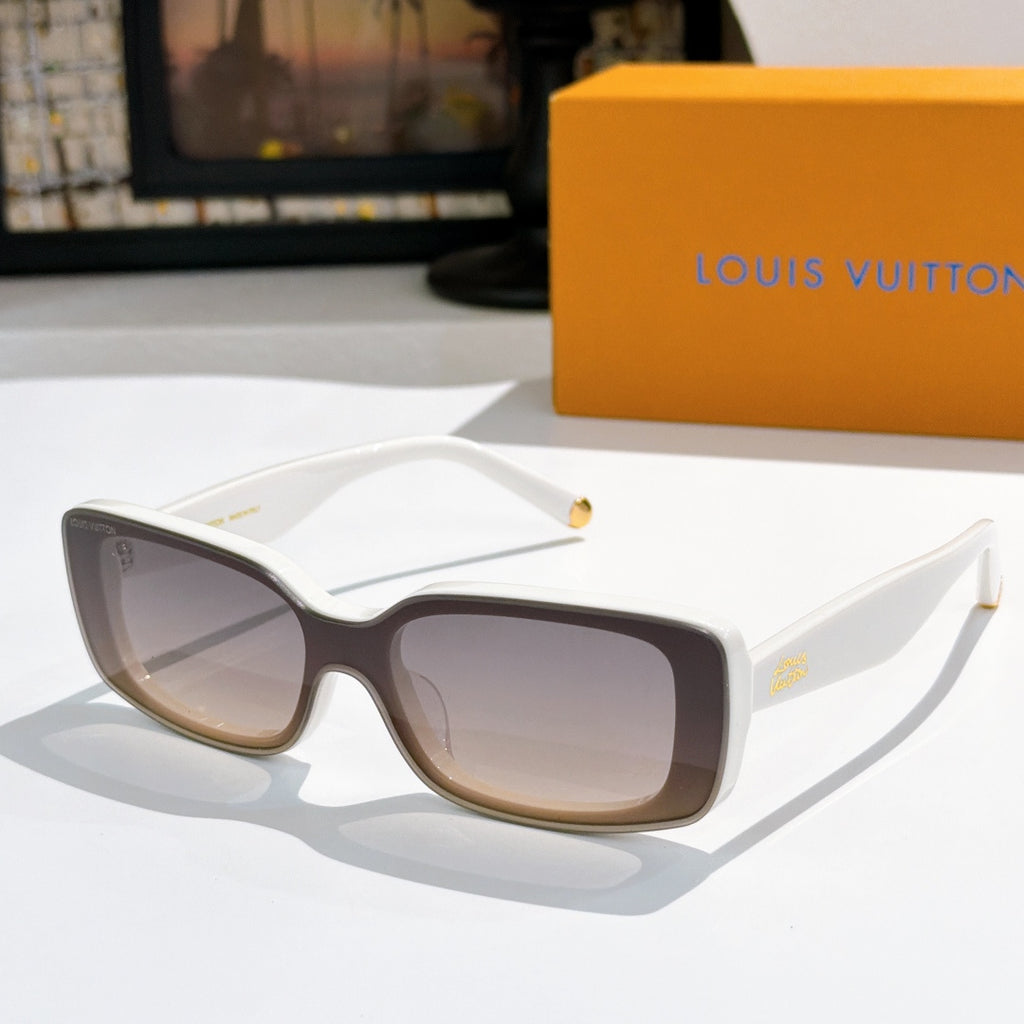 Louis Vuitton sunglasses with white frames, dark gray lenses, gold-tone tips.
