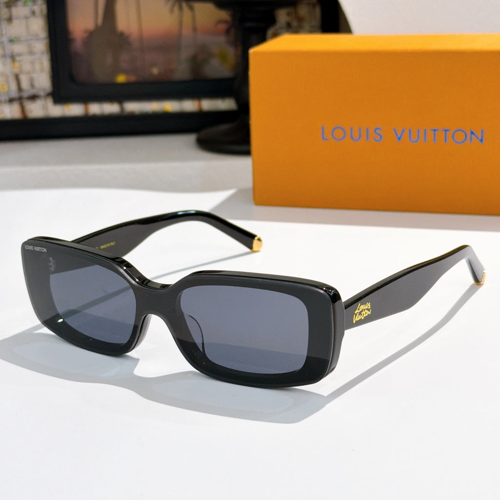 Louis Vuitton sunglasses with dark frames, blue lenses, gold-tone tips.