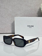 Celine sunglasses with dark tortoise frame, square lenses, and gold logo