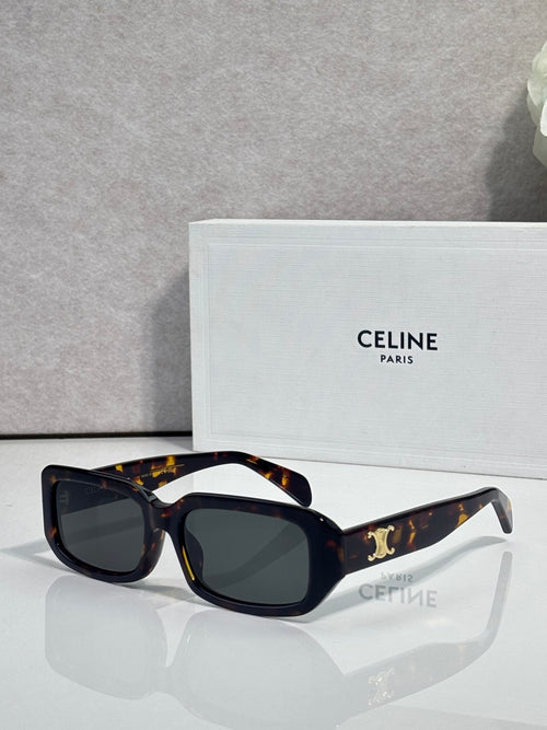 Celine sunglasses with dark tortoise frame, square lenses, and gold logo