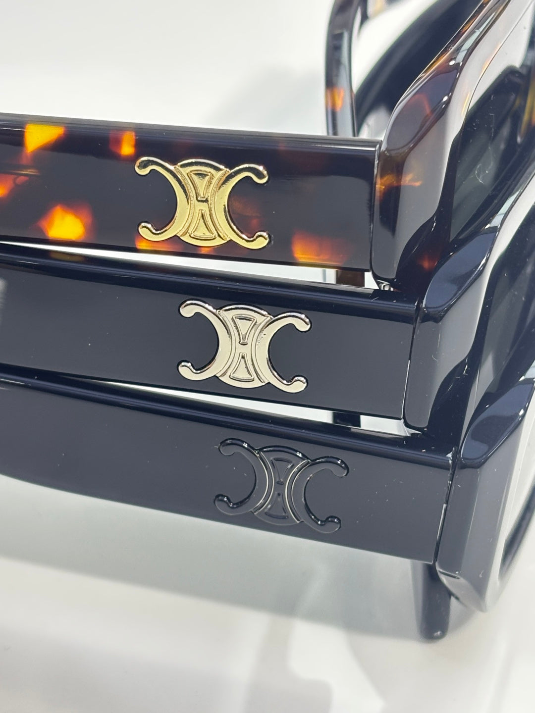 Celine sunglasses stacked temple details with Celine logos and glossy finish