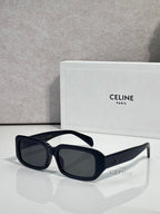 Celine sunglasses hinge close-up on glossy dark frame temples