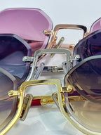 MiuMiu sunglasses closeup with layered frames and tinted lenses in purple and blue