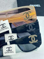 Set of Chanel sunglasses with mixed frames and gold CC hardware details.