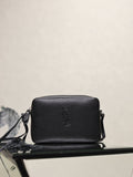 YSL leather crossbody bag, black pebbled texture with front YSL logo and top zip.