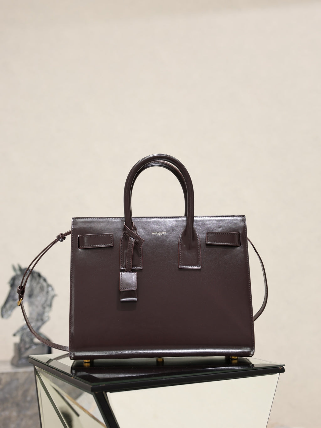 YSL dark brown leather tote bag with top handles and double strap detail