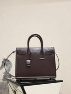 YSL dark brown leather tote bag with top handles and double strap detail