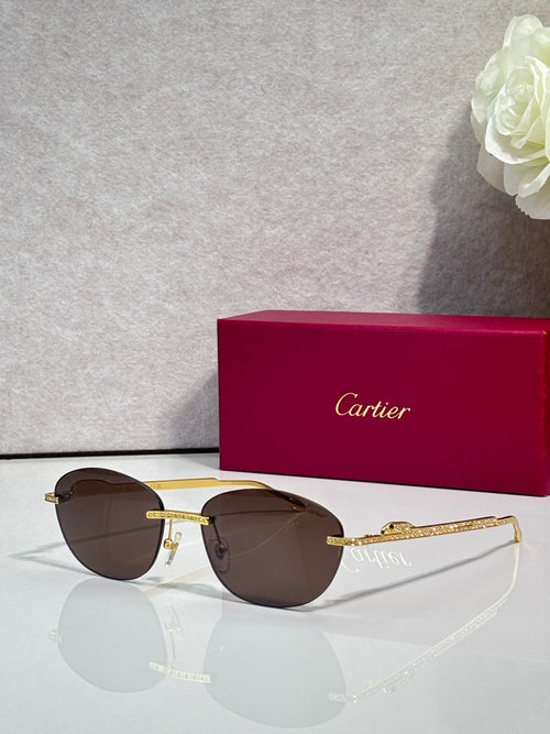 Gold-tone metal sunglasses with dark brown lenses and round-oval shape