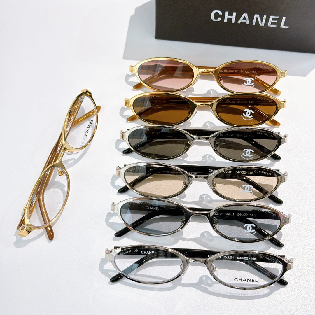 Chanel glasses assortment, mixed frames in gold, black, and silver with colored lenses