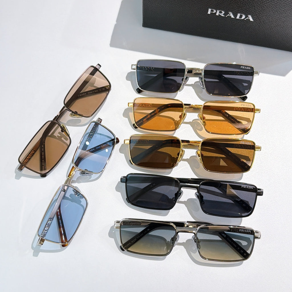 Prada sunglasses assortment with different tinted lenses and metal rectangular frames