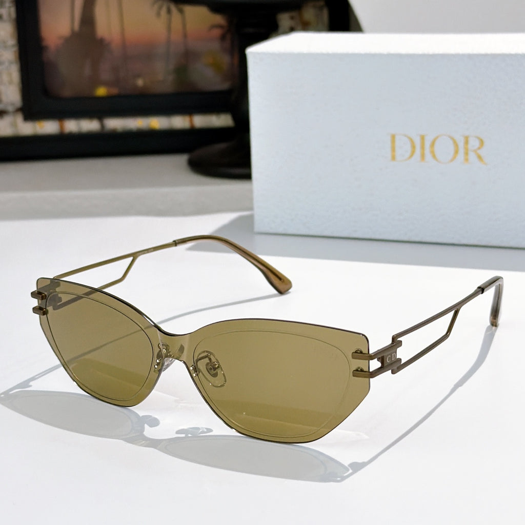 Dior cat-eye sunglasses with olive lenses and gold-tone frame, brown arms