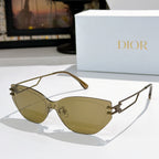 Dior cat-eye sunglasses with olive lenses and gold-tone frame, brown arms